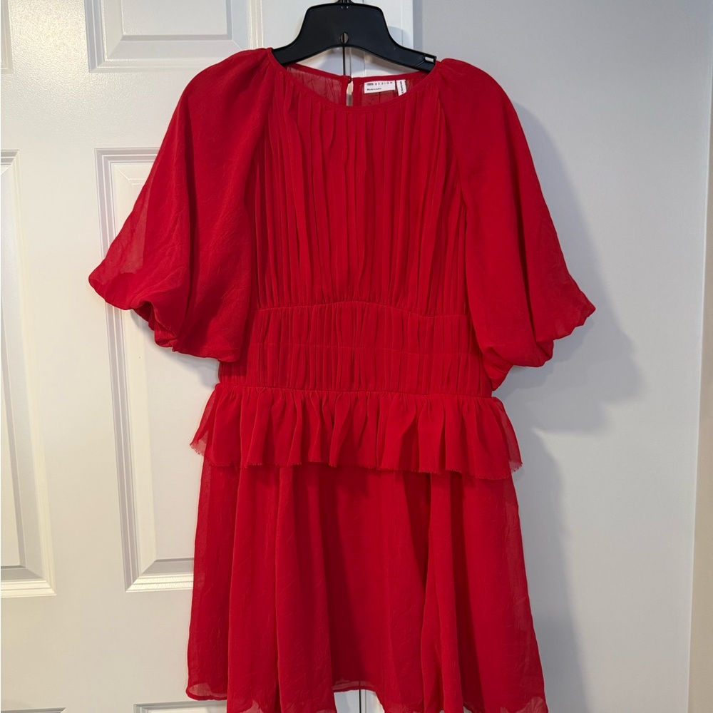 ASOS Red Ruffled puff sleeve mini dress with gauged waist